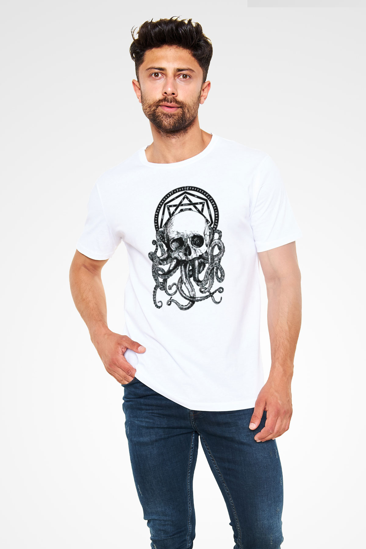 Ahtapot Kurukafa Baskılı Unisex Beyaz Tişört