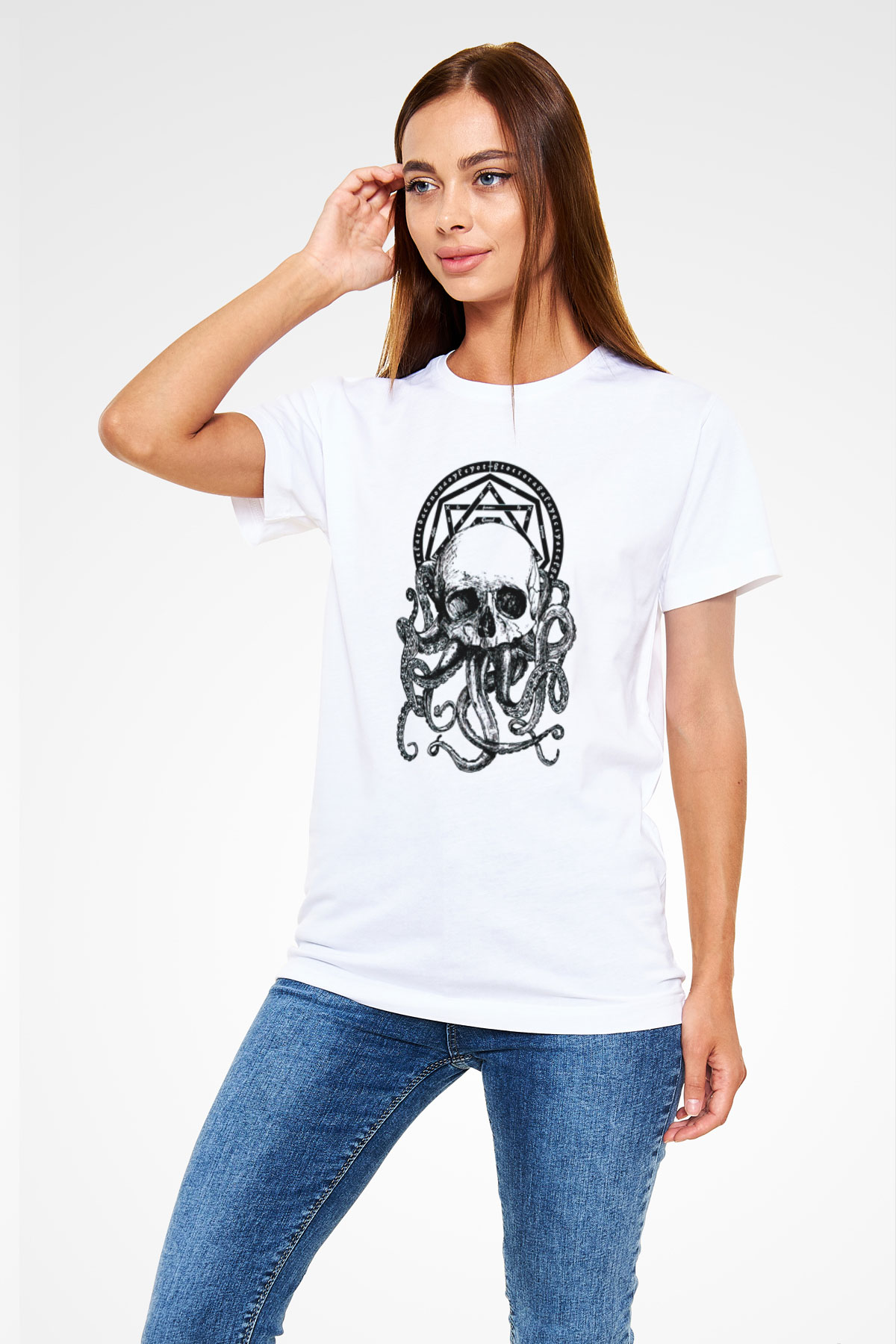 Ahtapot Kurukafa Baskılı Unisex Beyaz Tişört