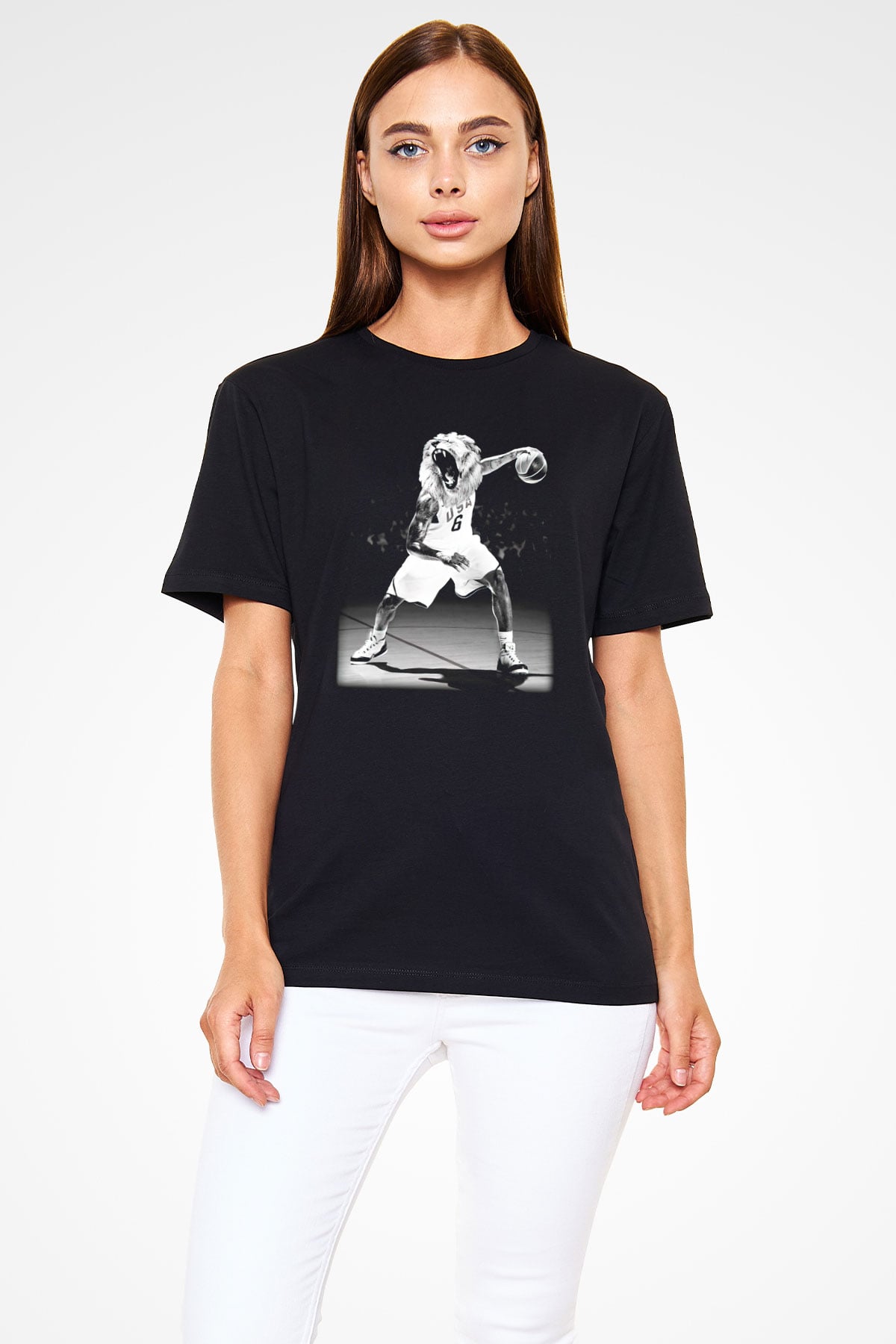 Basketbolcu Aslan Kral Baskılı Unisex Siyah Tişört
