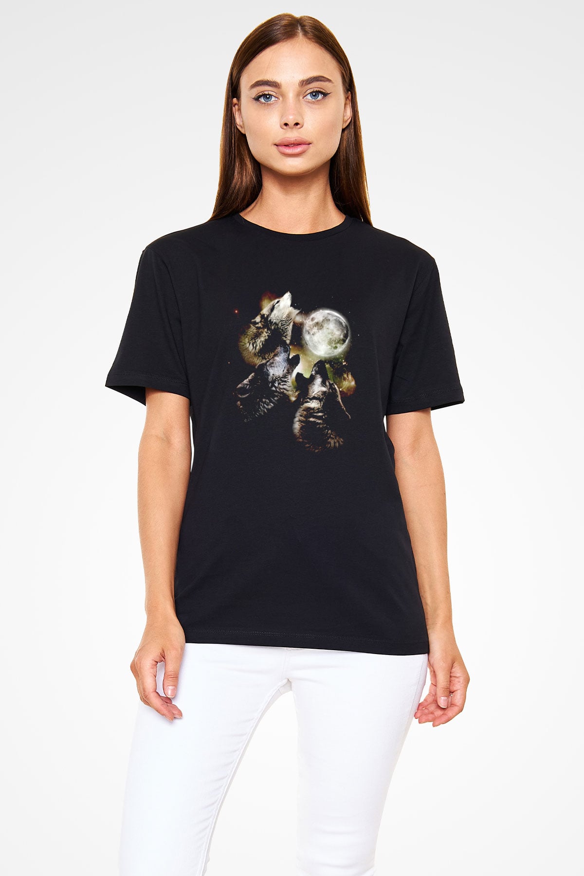 Uluyan Kurtlar Baskılı Unisex Siyah Tişört