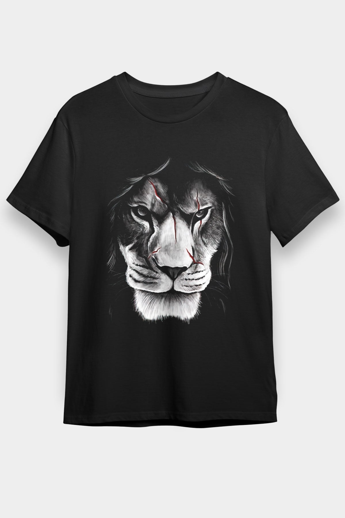 Yaralı Yüzlü Aslan Baskılı Unisex Siyah Tshirt