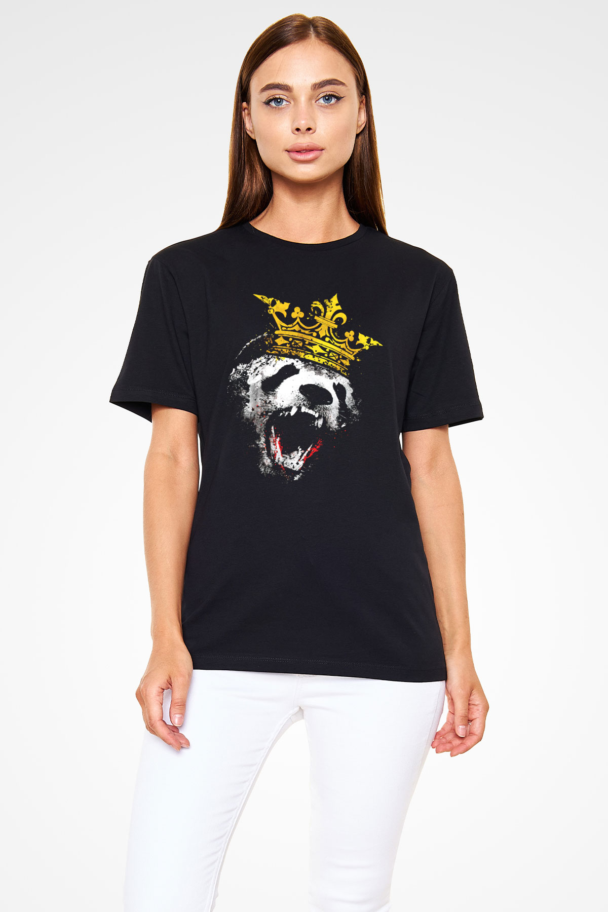 Kral Panda Temalı Unisex Siyah Baskılı Tişört