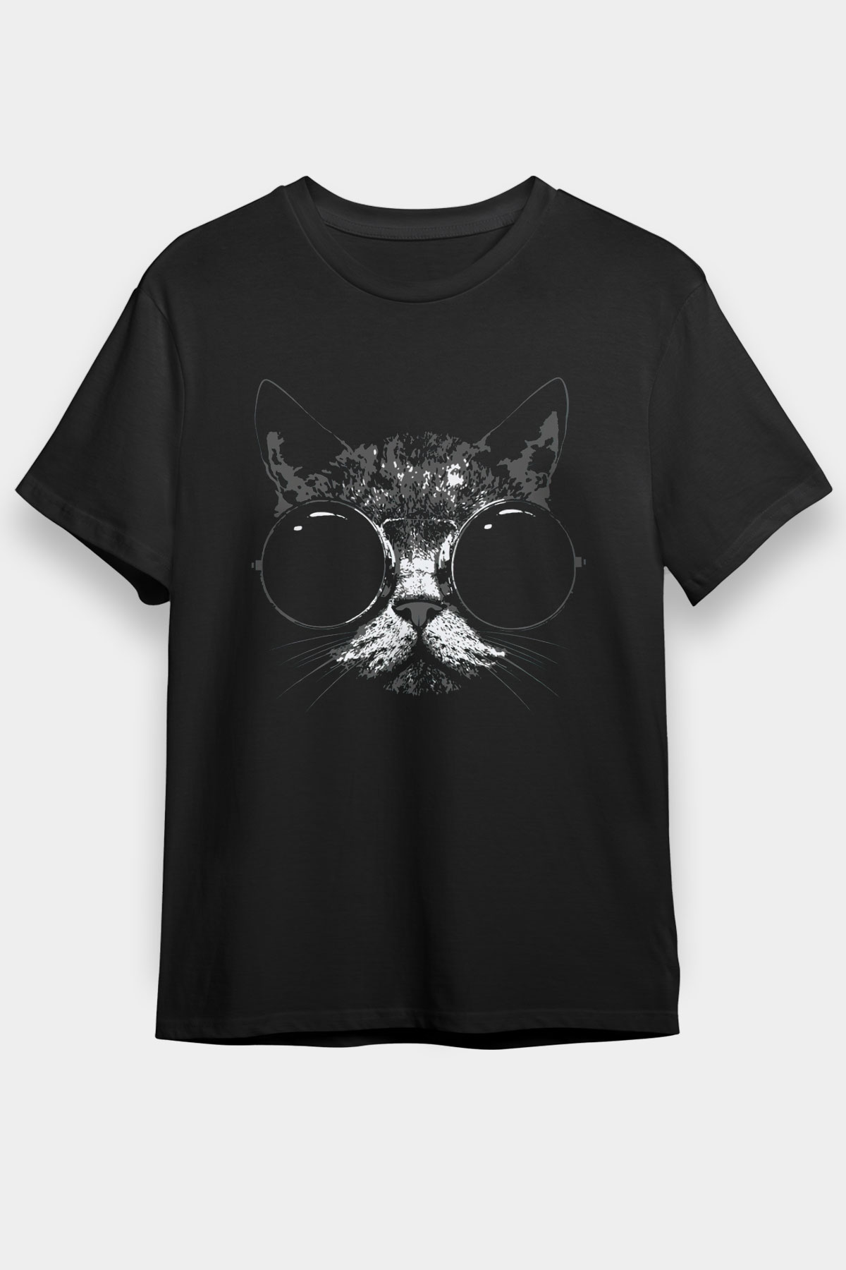 Gözlüklü Karizmatik Kedi Temalı Baskılı Unisex Siyah Tişört