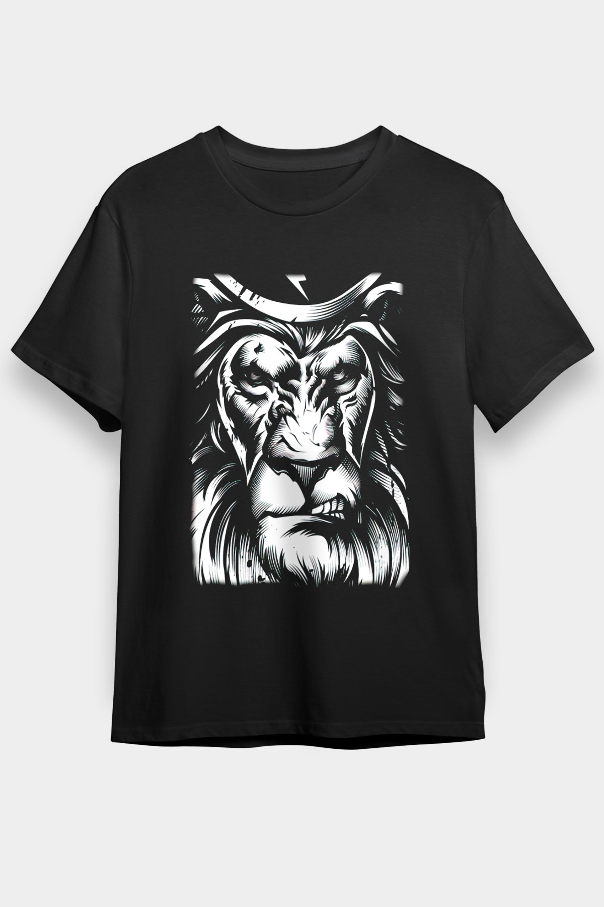 Sinirli Aslan Baskılı Unisex Siyah Tişört