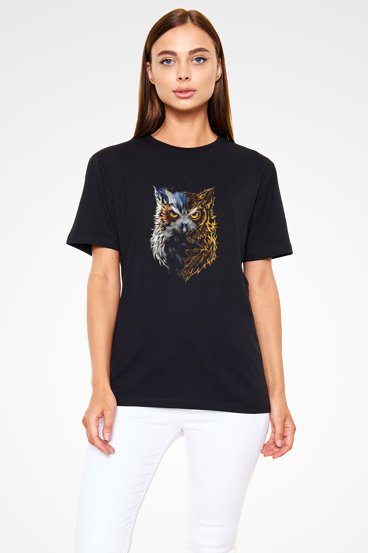 Baykuş Baskılı Unisex Siyah Tişört