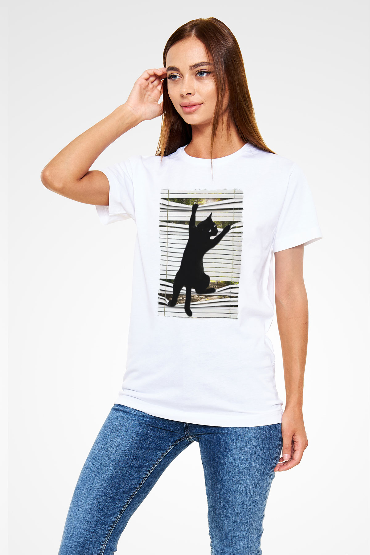 Dikizci Siyah Kedi Baskılı Unisex Tişört