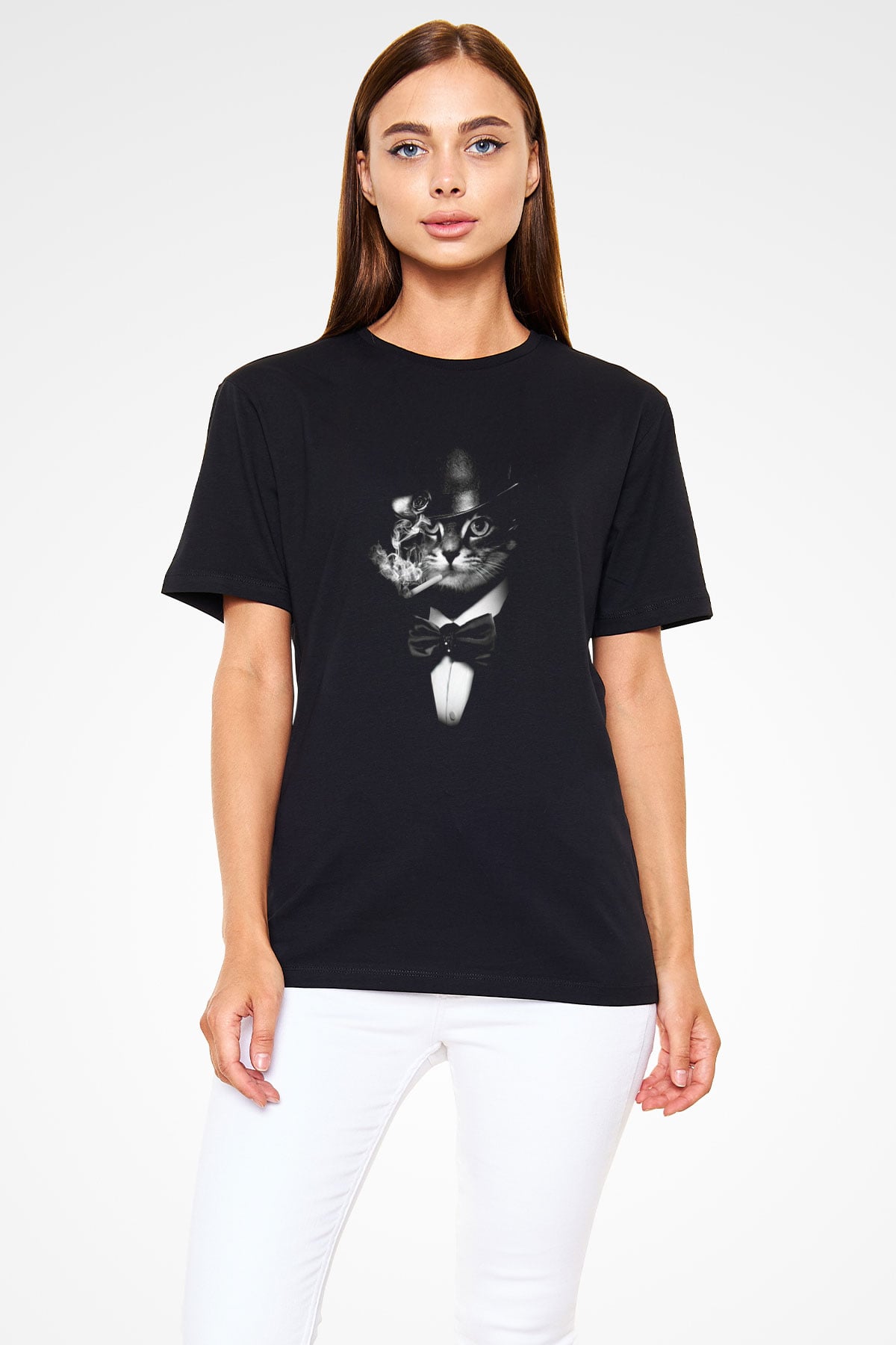 Smokinli Sigara İçen Kedi Baskılı Unisex Siyah Tişört