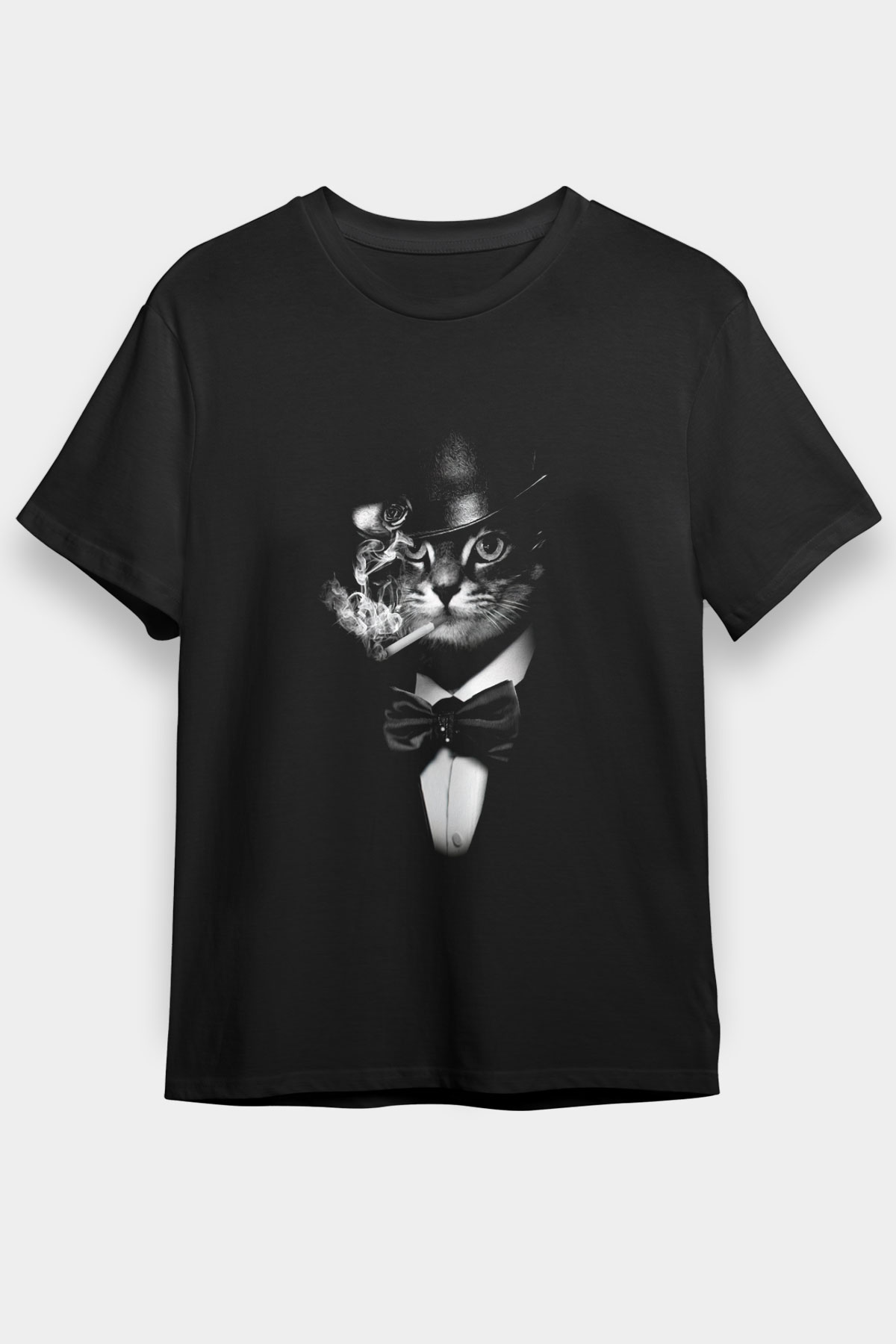 Smokinli Sigara İçen Kedi Baskılı Unisex Siyah Tişört