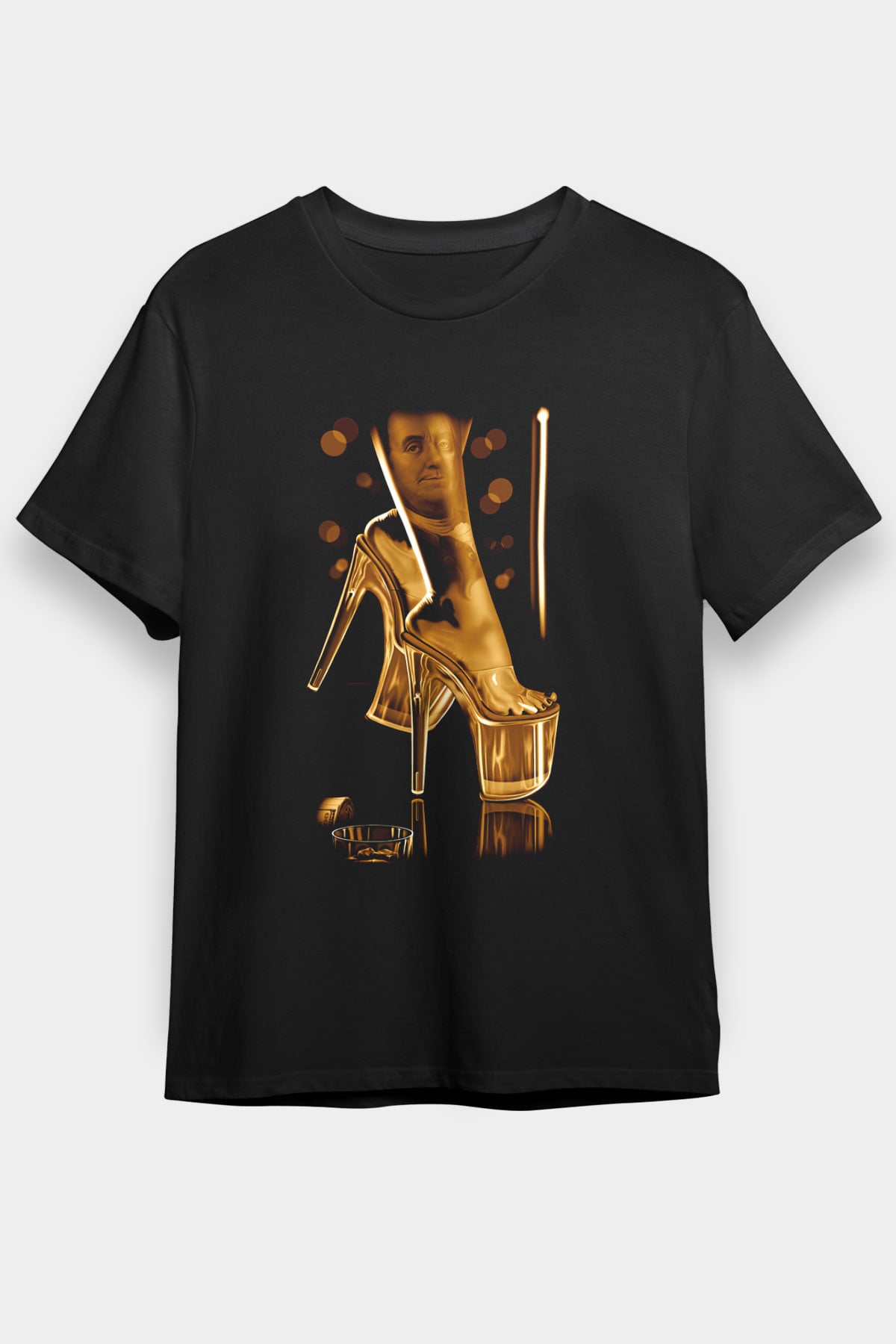 Topuklu Ayakkabı Benjamin Franklin Baskılı Unisex Siyah Tişört