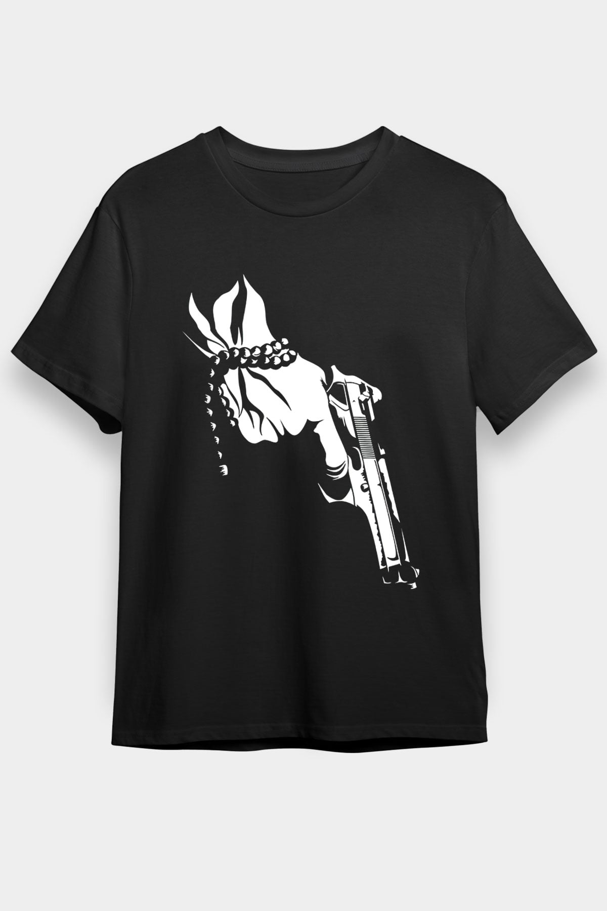 Silah Tutan Ev Baskılı Unisex Siyah Tişört