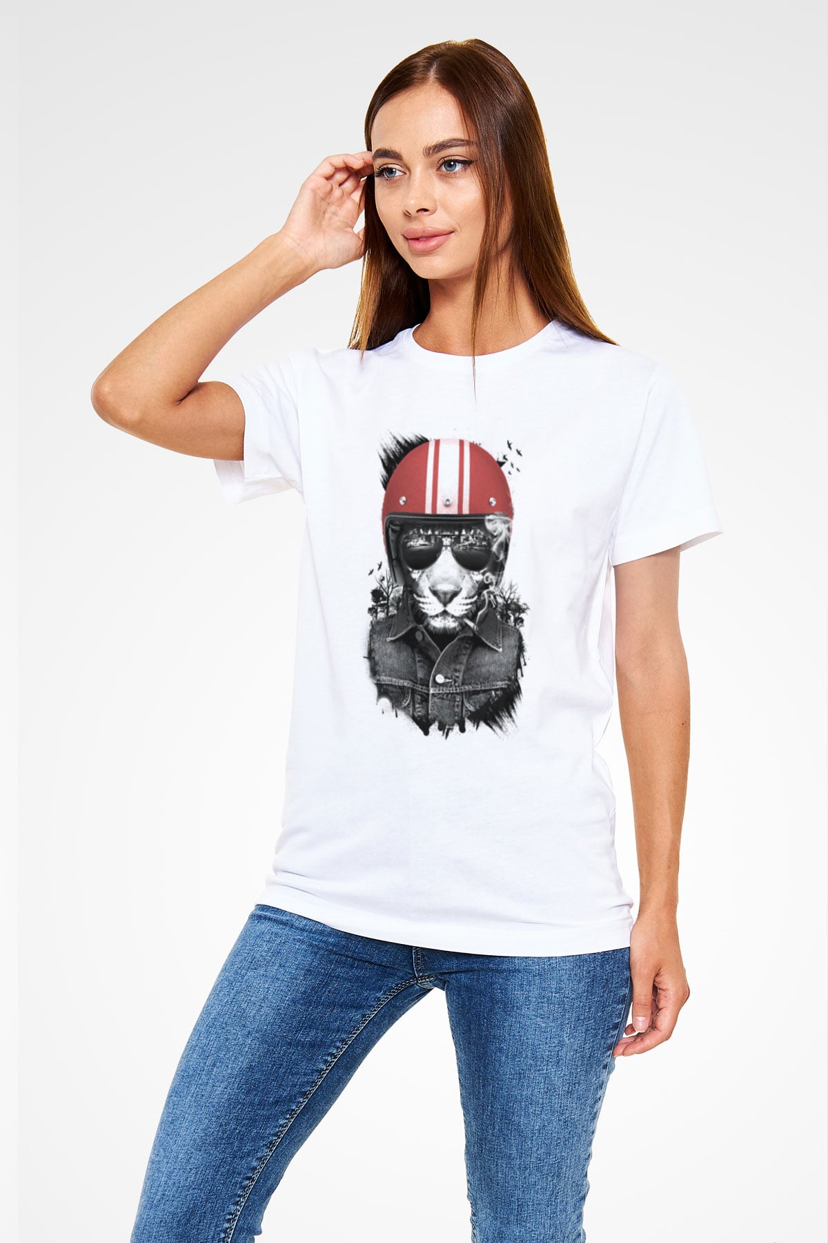 Motorcu Kaplan Baskılı Unisex Beyaz Tişört