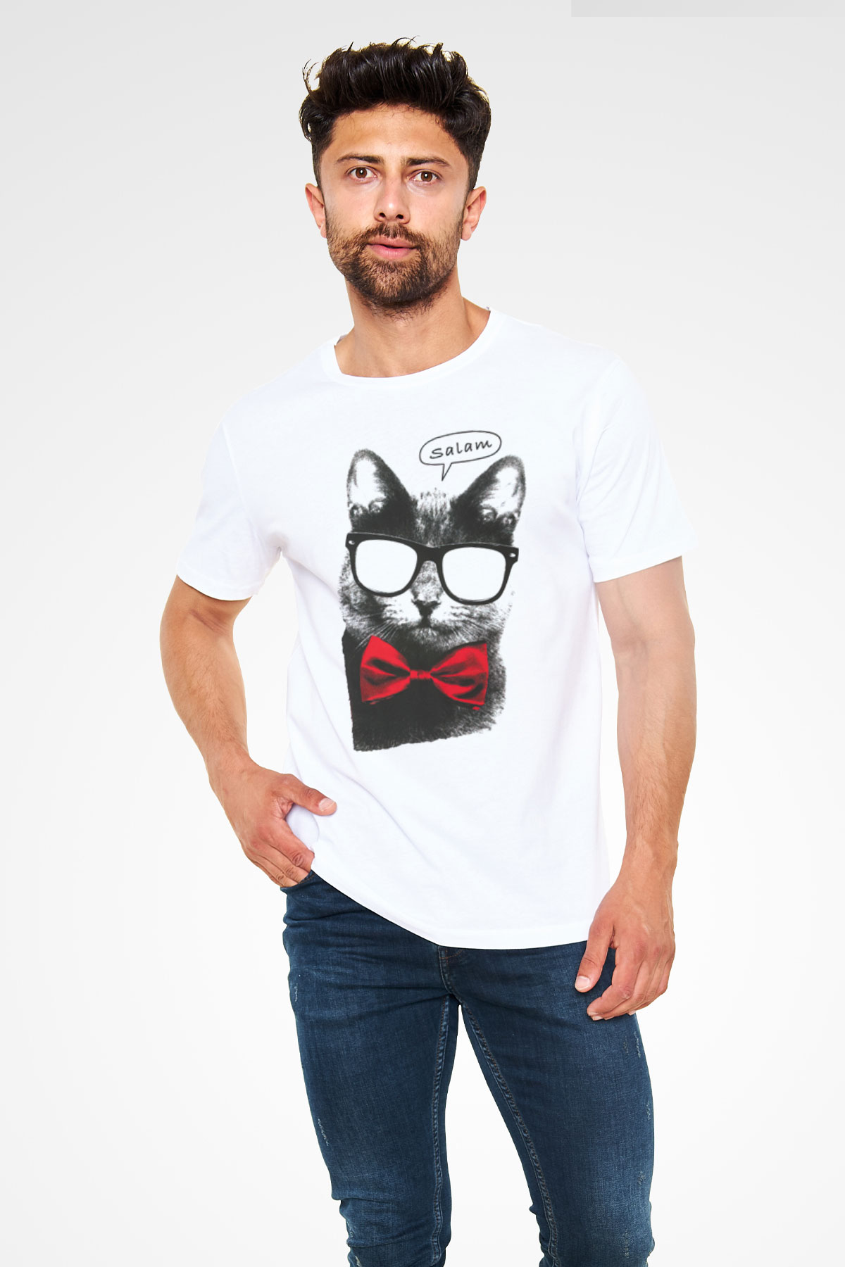 Papyonlu Şirin Kedi Baskılı Unisex Beyaz Tişört