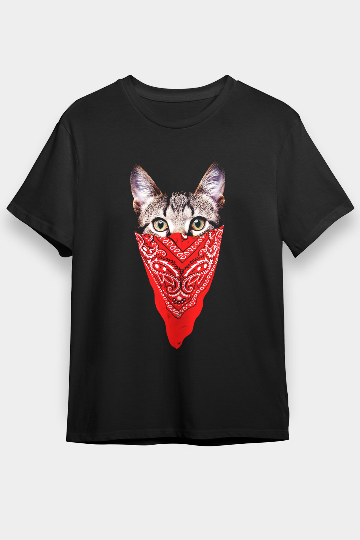 Bandanalı Kedi Baskılı Unisex Siyah Tişört