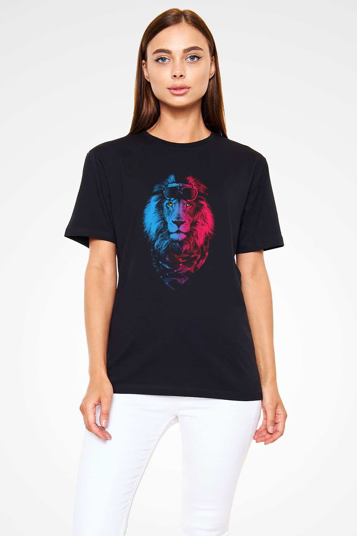 Motosikletçi Aslan Baskılı Unisex Siyah Tişört
