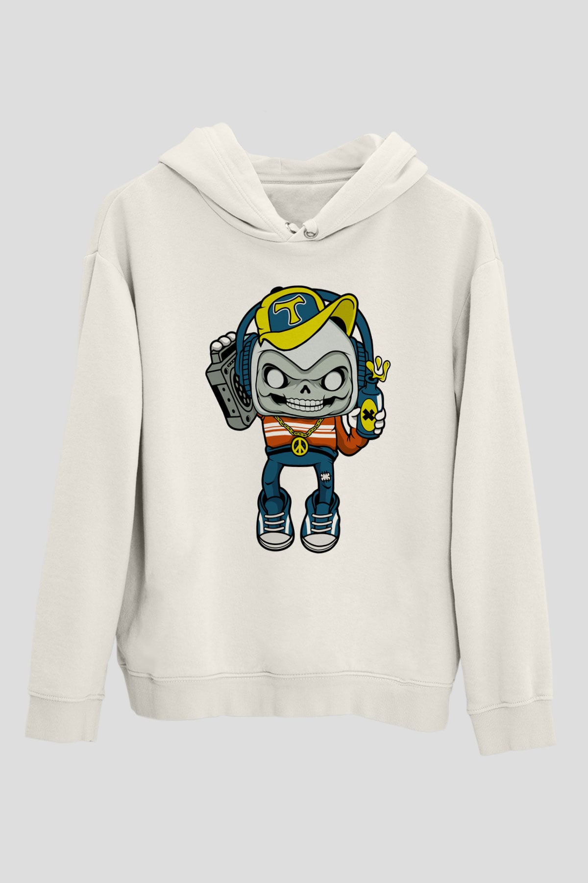Task Master Skull Boombox Baskılı Unisex Beyaz Hoodie