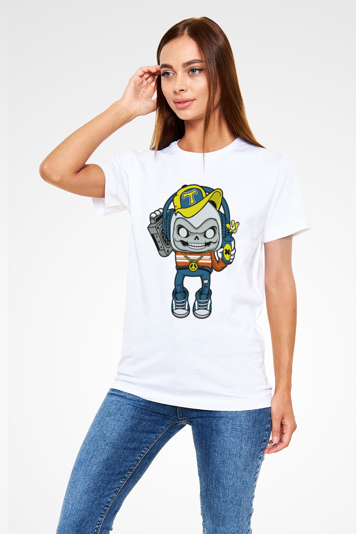 Task Master Skull Boombox Baskılı Unisex Beyaz Tişört