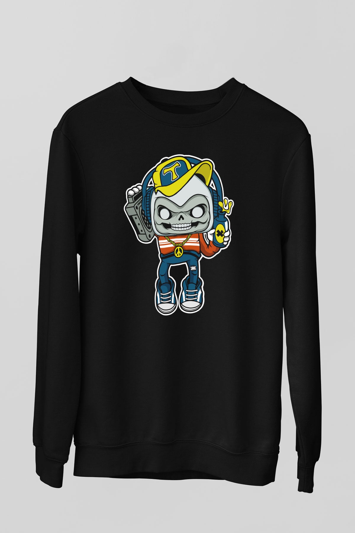 Task Master Skull Boombox Baskılı Unisex Siyah Sweatshirt