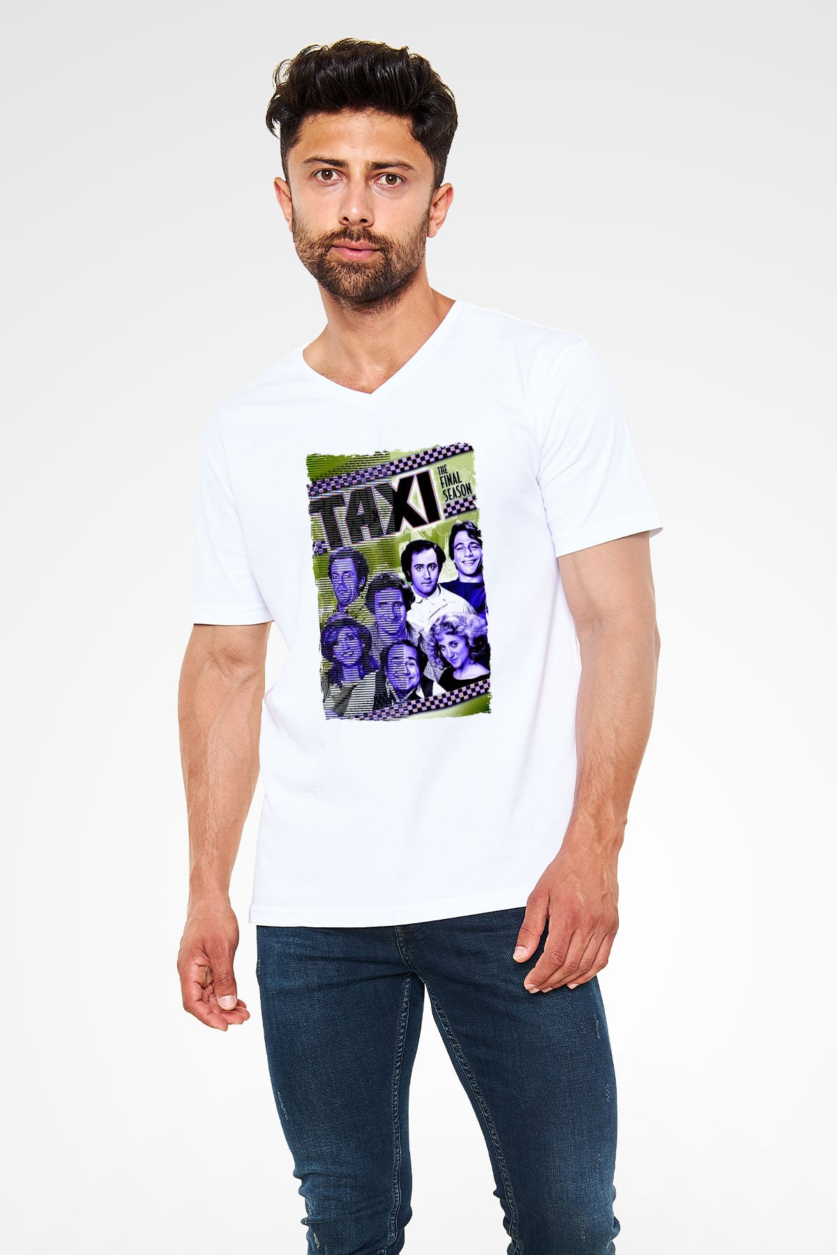 Taxi Beyaz Unisex  V Yaka Tişört