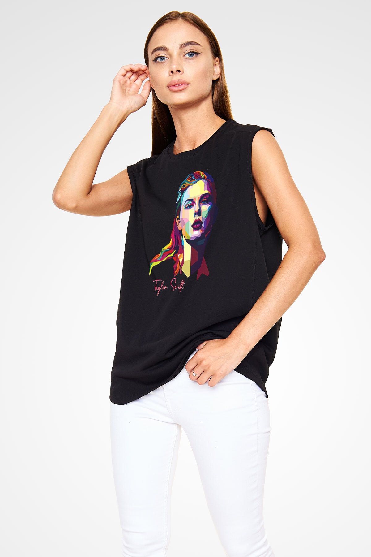 Taylor Swift Baskılı Baskılı Unisex Siyah Kolsuz Tişört - Tshirt