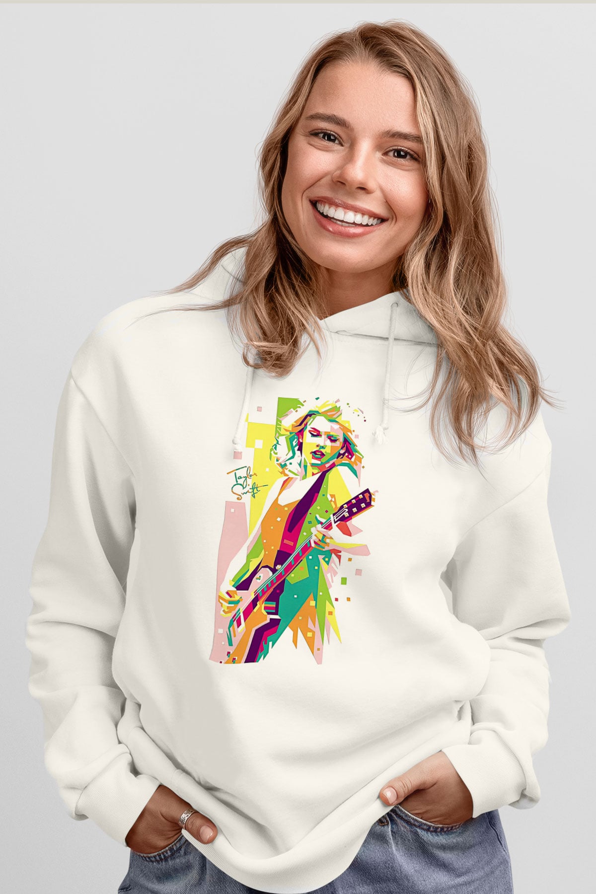 Taylor Swift Baskılı Beyaz Unisex Kapüşonlu Sweatshirt