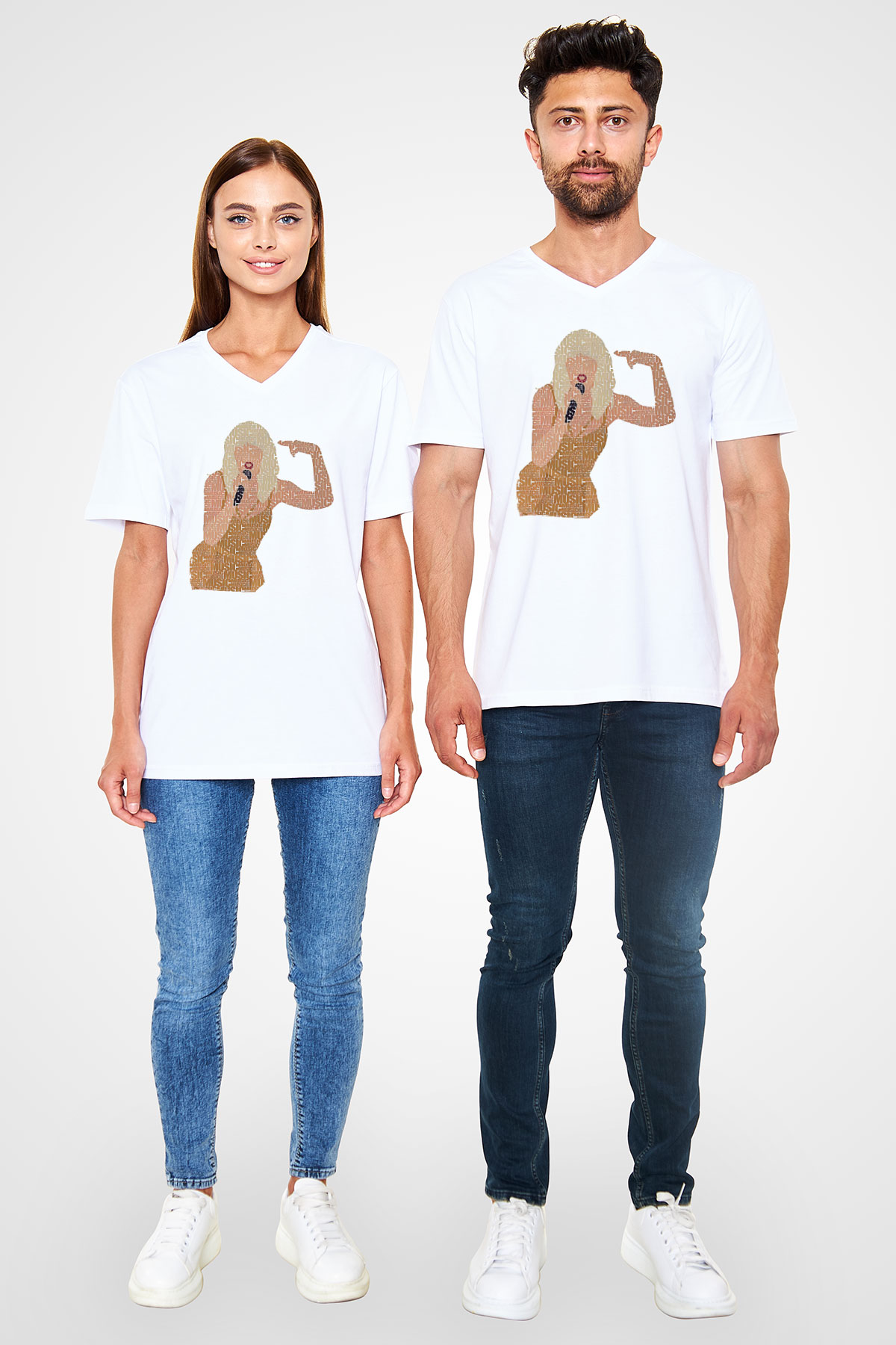 Taylor Swift Baskılı Beyaz Unisex V Yaka Tişört - Tshirt