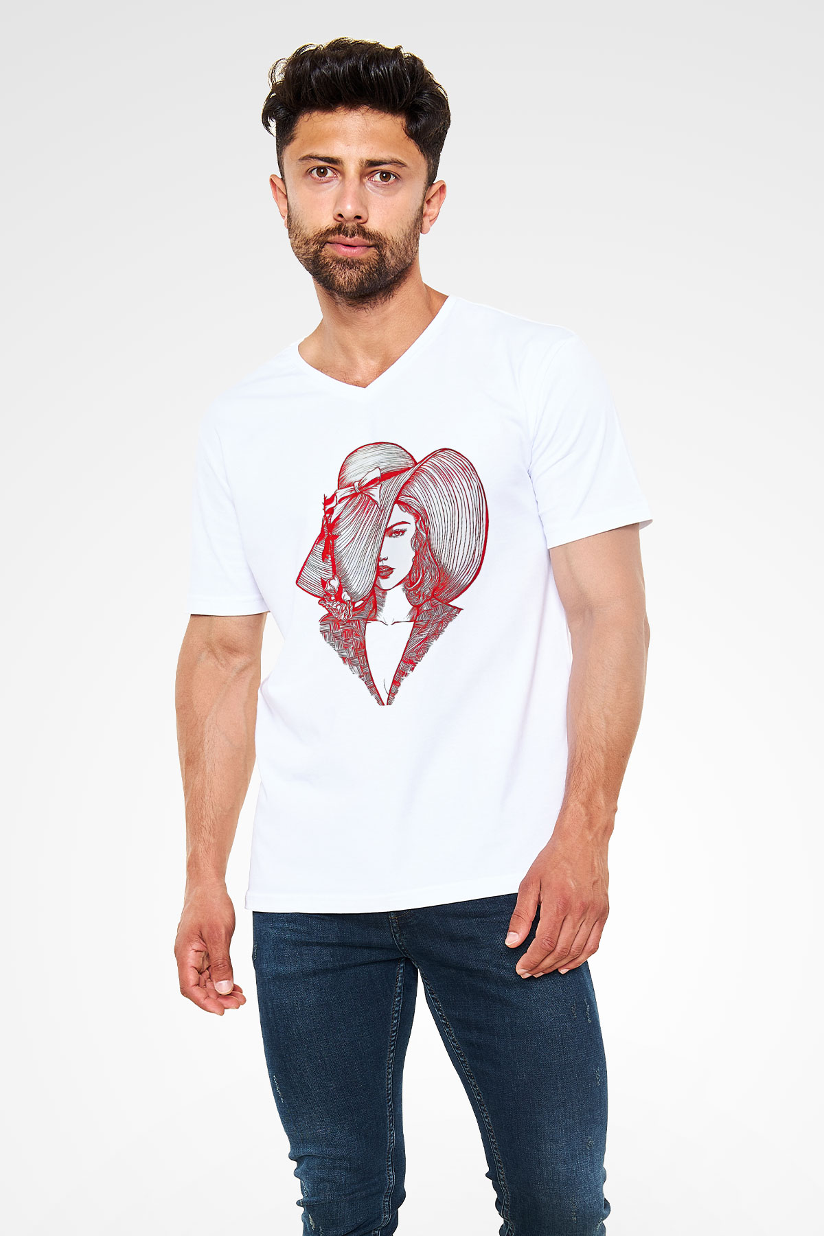 Taylor Swift Baskılı Beyaz Unisex V Yaka Tişört - Tshirt