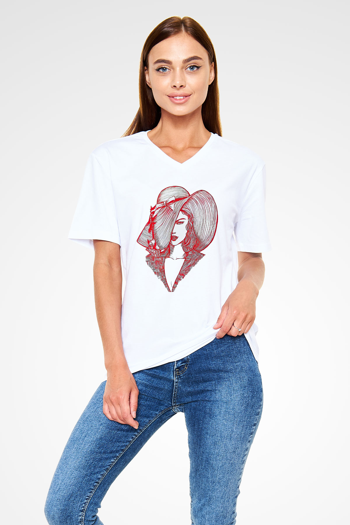 Taylor Swift Baskılı Beyaz Unisex V Yaka Tişört - Tshirt