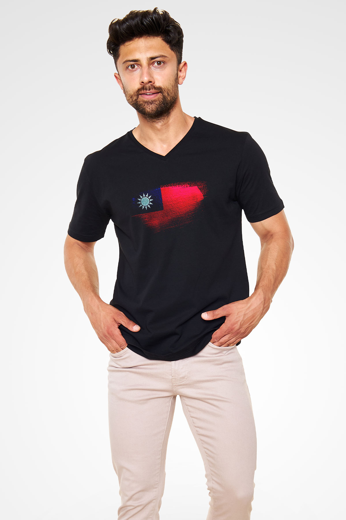 Tayvan - Taiwan Bayrağı Baskılı Unisex Siyah V Yaka Tişört