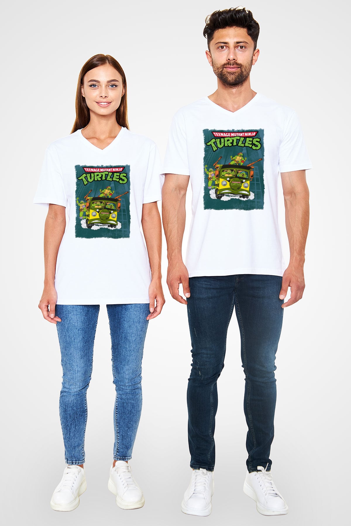 Teenage Mutant Ninja Turtles Ninja Kaplumbağalar Beyaz Unisex V Yaka Tişört