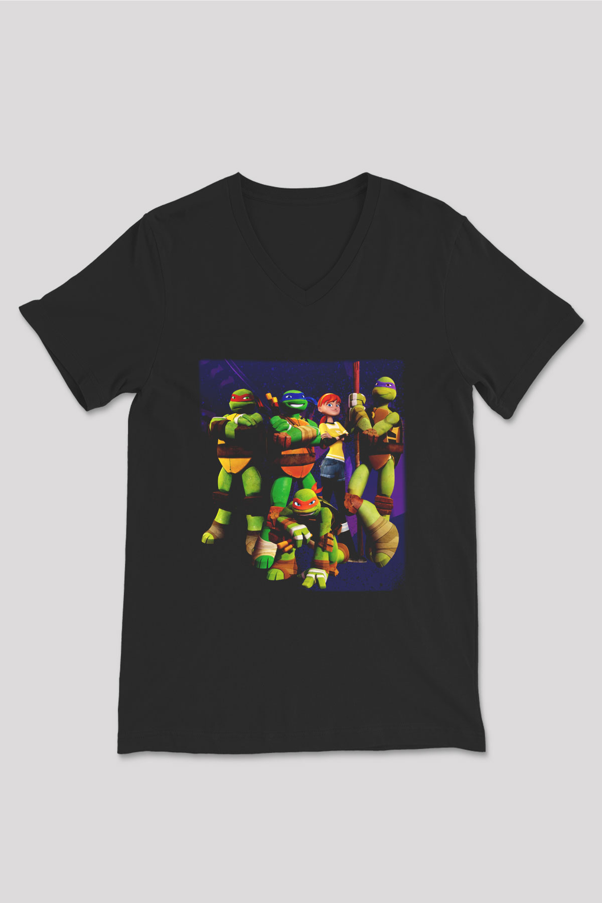 Teenage Mutant Ninja Turtles Ninja Kaplumbağalar Siyah Unisex V Yaka Tişört