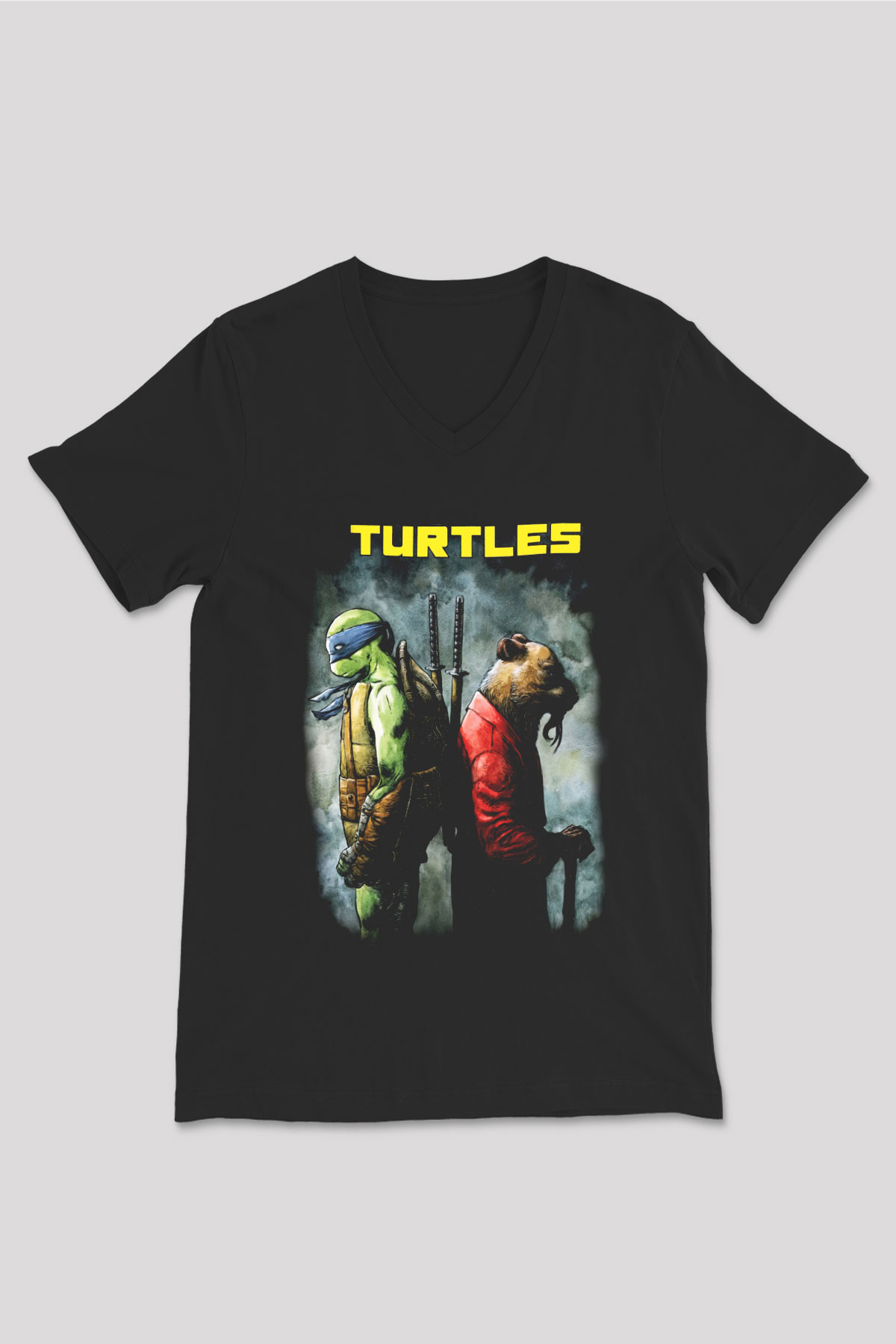 Teenage Mutant Ninja Turtles Ninja Kaplumbağalar Siyah Unisex V Yaka Tişört