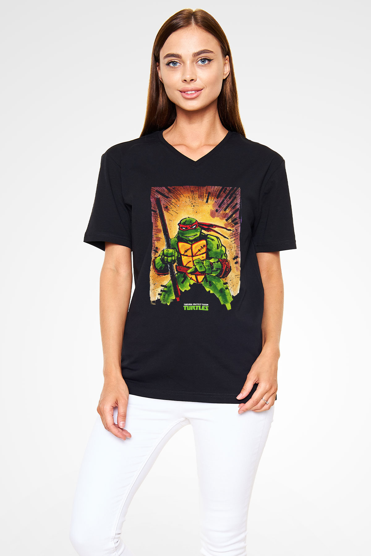 Teenage Mutant Ninja Turtles Ninja Kaplumbağalar Siyah Unisex V Yaka Tişört