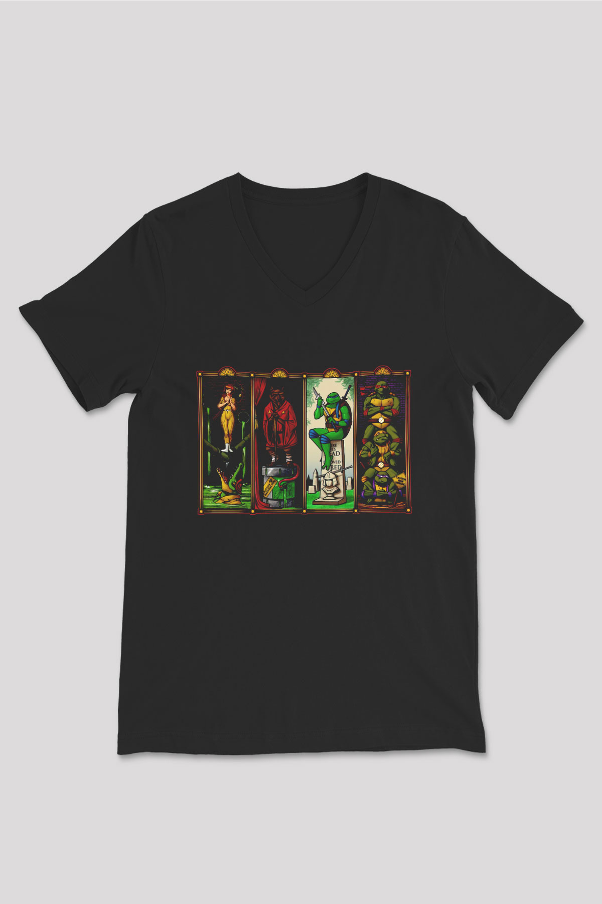 Teenage Mutant Ninja Turtles Ninja Kaplumbağalar Siyah Unisex  V Yaka Tişört
