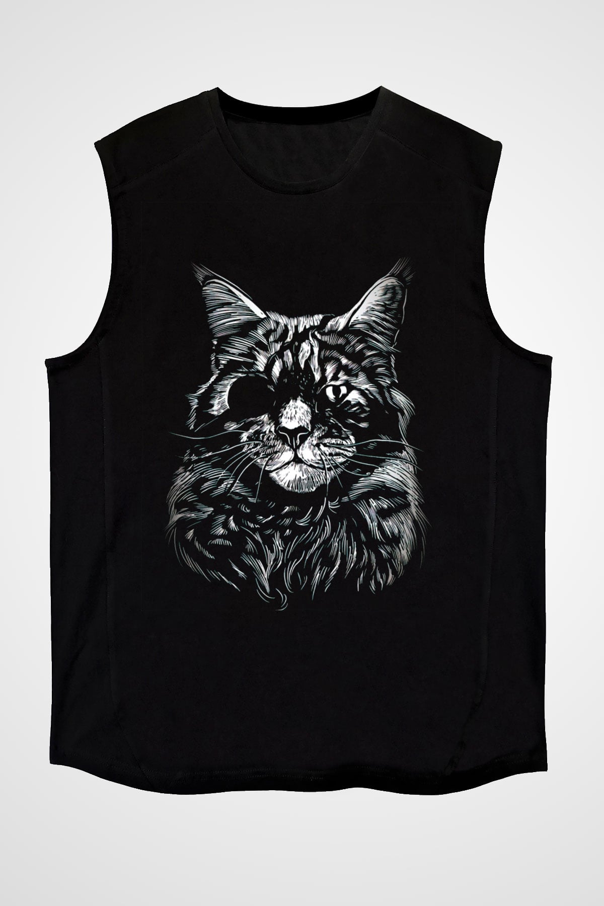 Tek Gözlü Kedi Baskılı Unisex Siyah  Kolsuz Tişört