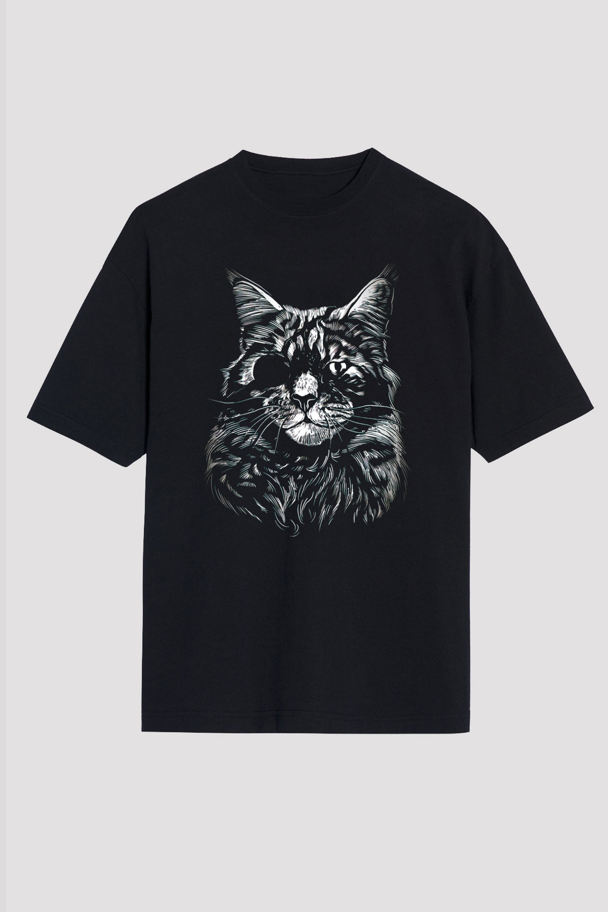 Tek Gözlü Kedi Baskılı Oversize Siyah Tişört