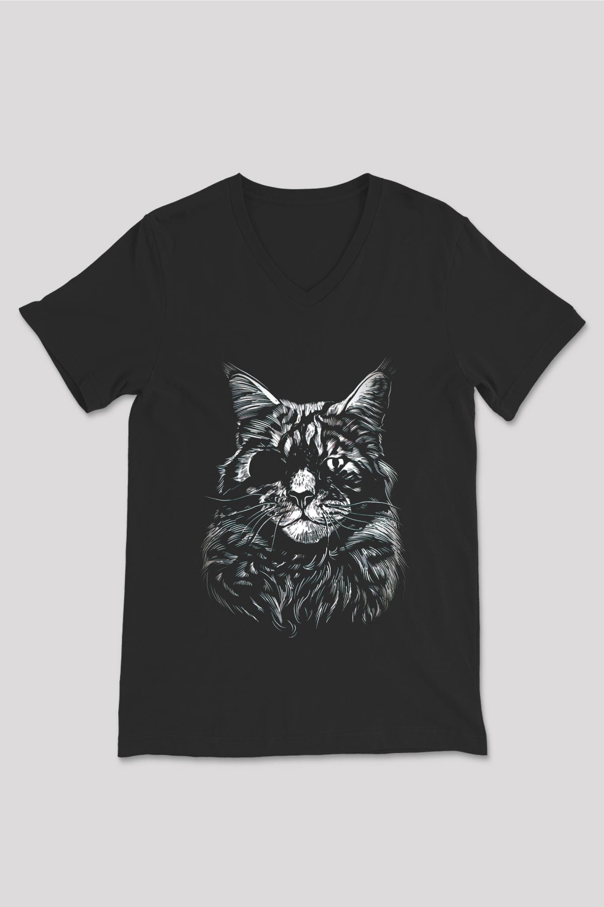 Tek Gözlü Kedi Baskılı Unisex Siyah  V Yaka Tişört
