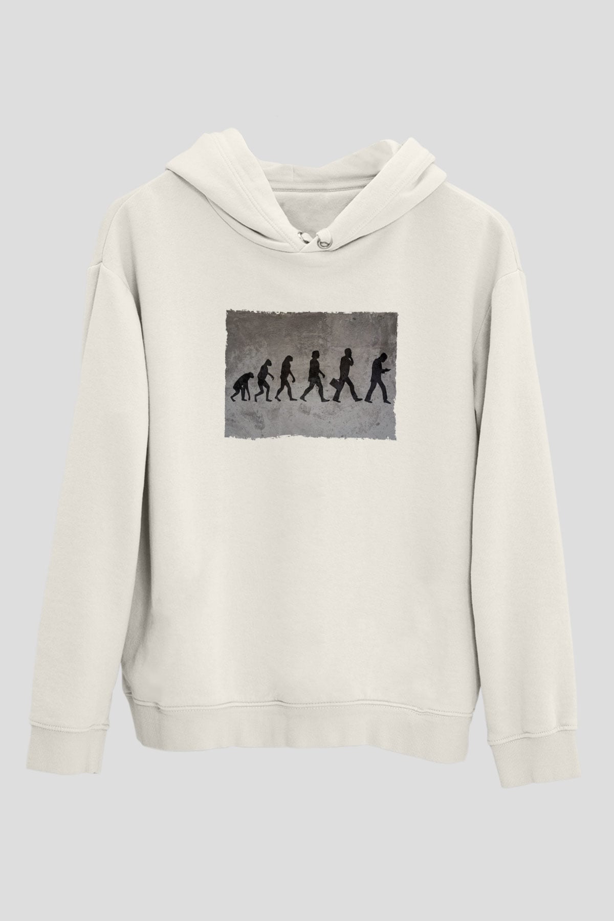 Telefona Evrim Baskılı Unisex Ekru Hoodie