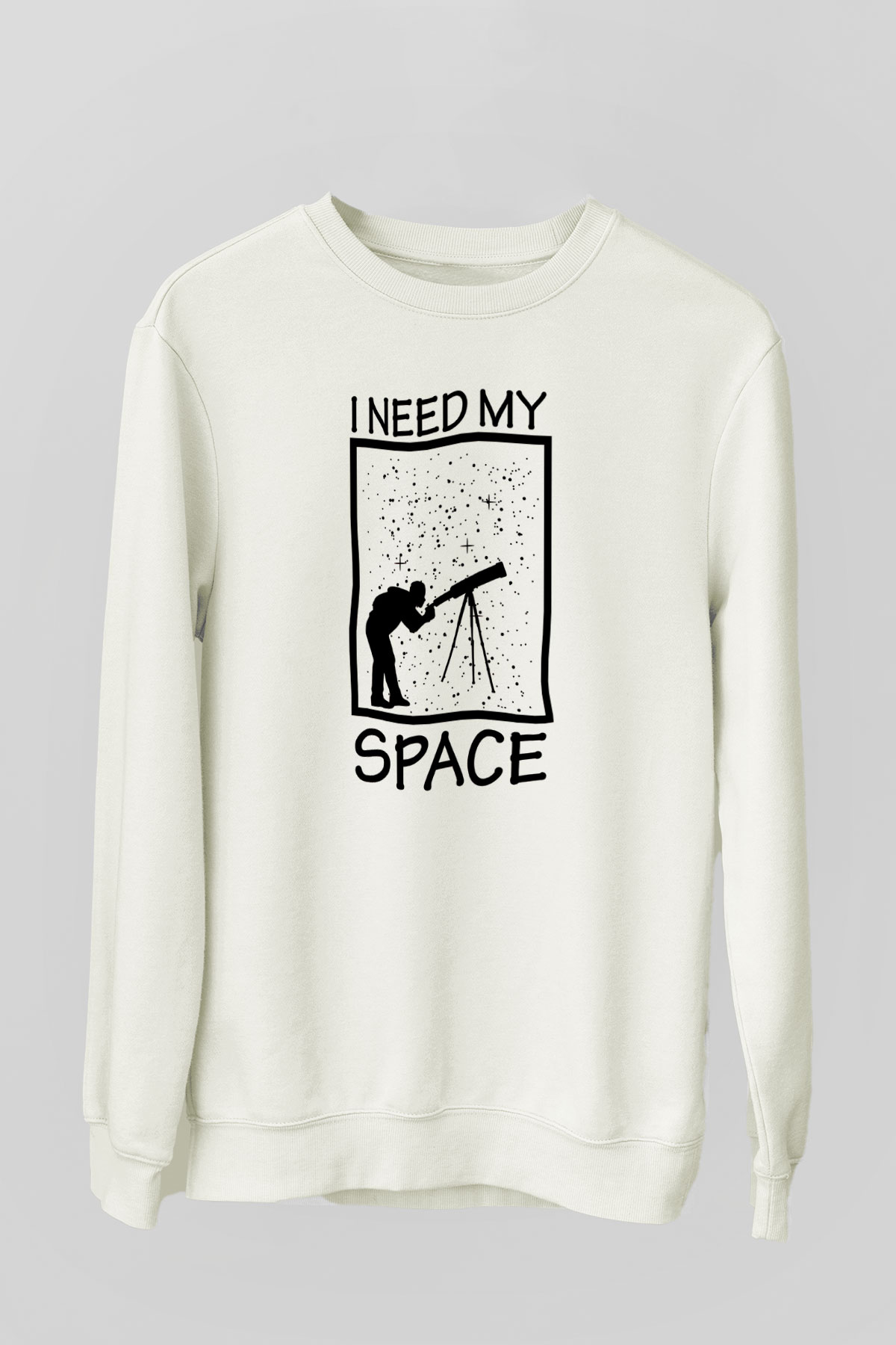 Teleskop Astronomi Baskılı Unisex Ekru Sweatshirt