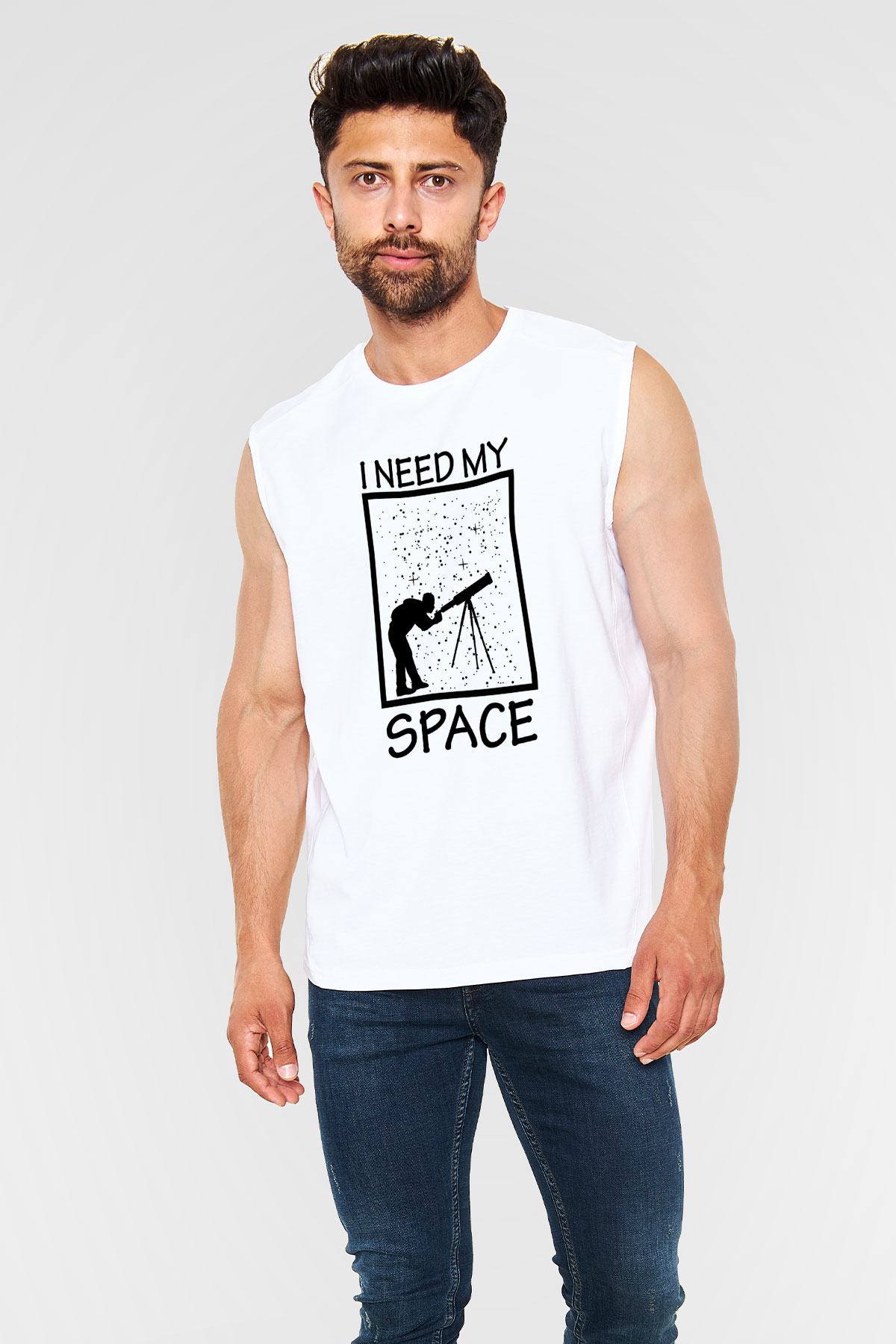 Teleskop Astronomi Baskılı Unisex Kolsuz Beyaz Tişört - Tshirt
