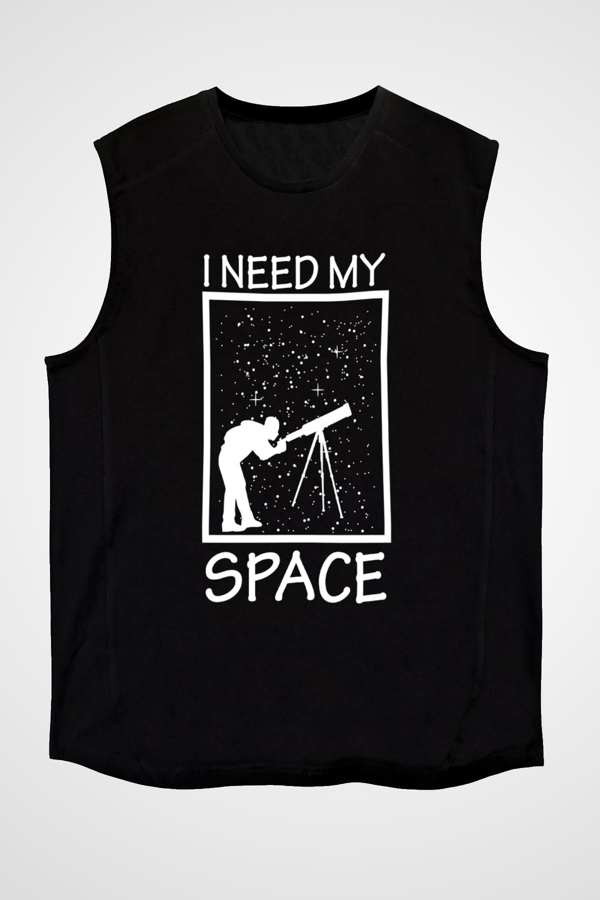 Teleskop Astronomi Baskılı Unisex Kolsuz Siyah Tişört - Tshirt
