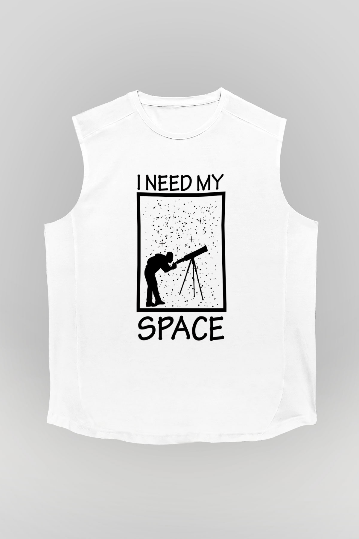 Teleskop Astronomi Baskılı Unisex Kolsuz Beyaz Tişört - Tshirt