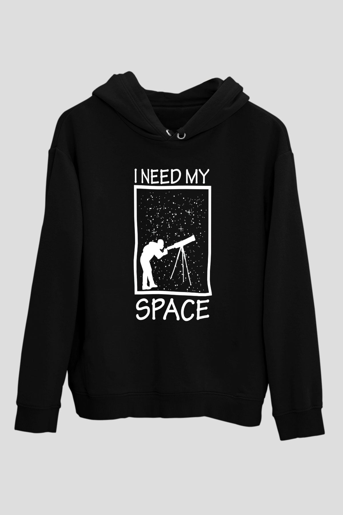 Teleskop Astronomi Baskılı Unisex Siyah Kapüşonlu Sweatshirt