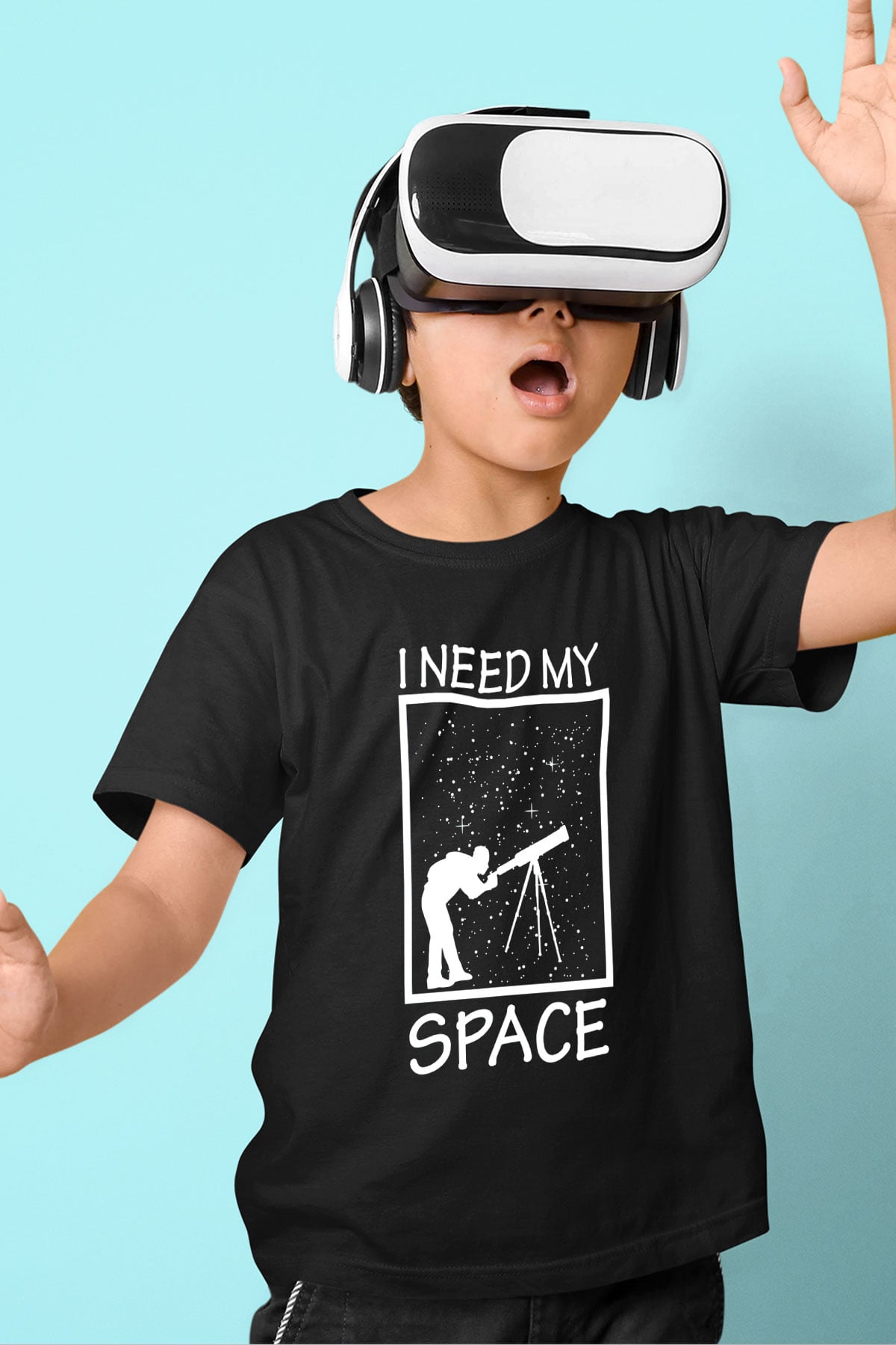 Teleskop Astronomi Baskılı Unisex Siyah Çocuk Tişörtü - Tshirt