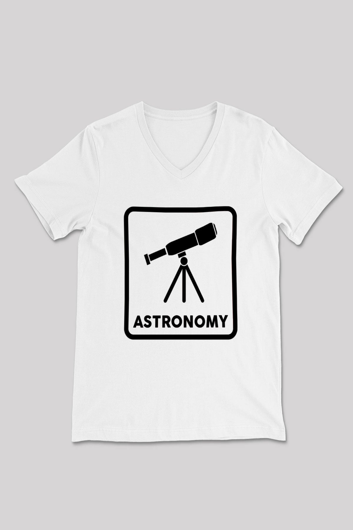 Teleskop Baskılı Unisex V Yaka Beyaz Tişört - Tshirt