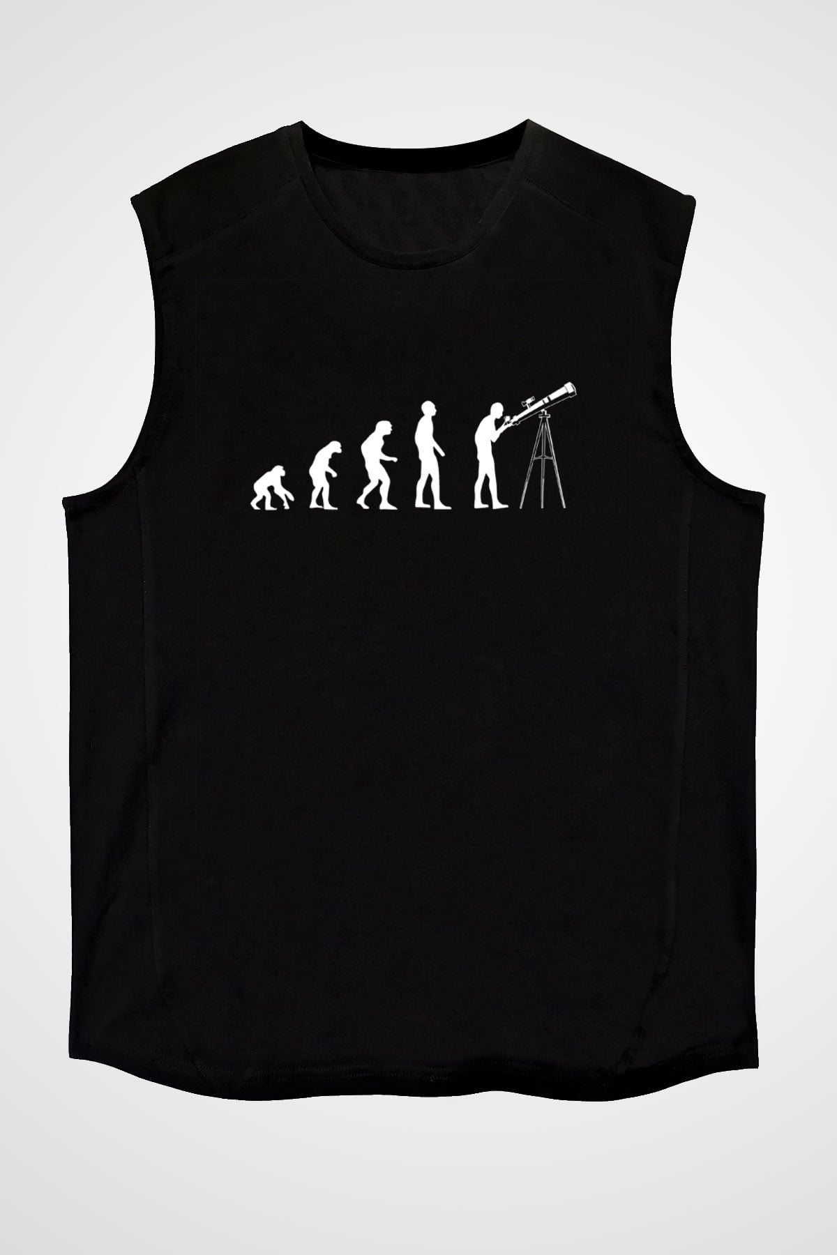 Teleskop Evrim Baskılı Unisex Kolsuz Siyah Tişört - Tshirt