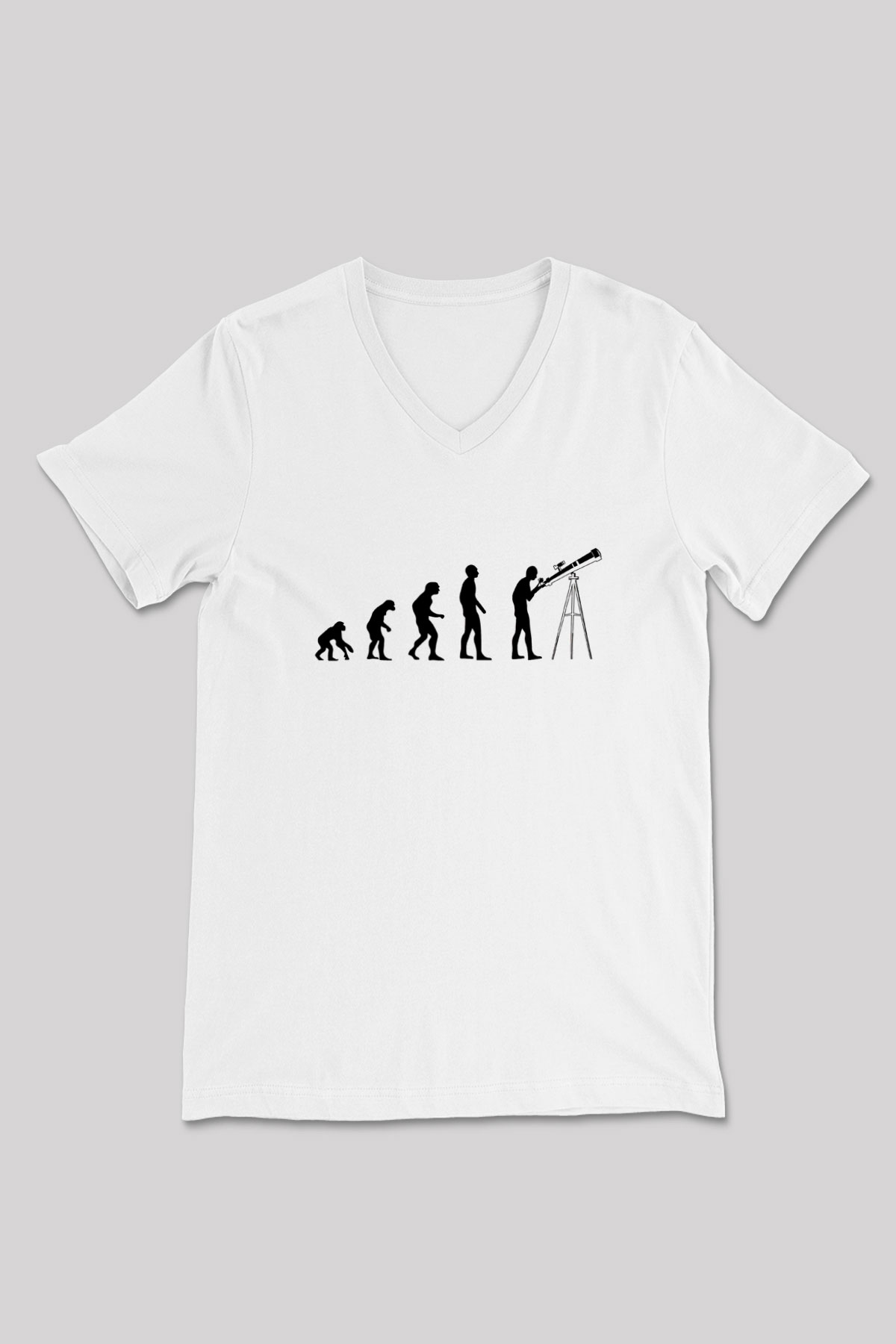 Teleskop Evrim Baskılı Unisex V Yaka Beyaz Tişört - Tshirt