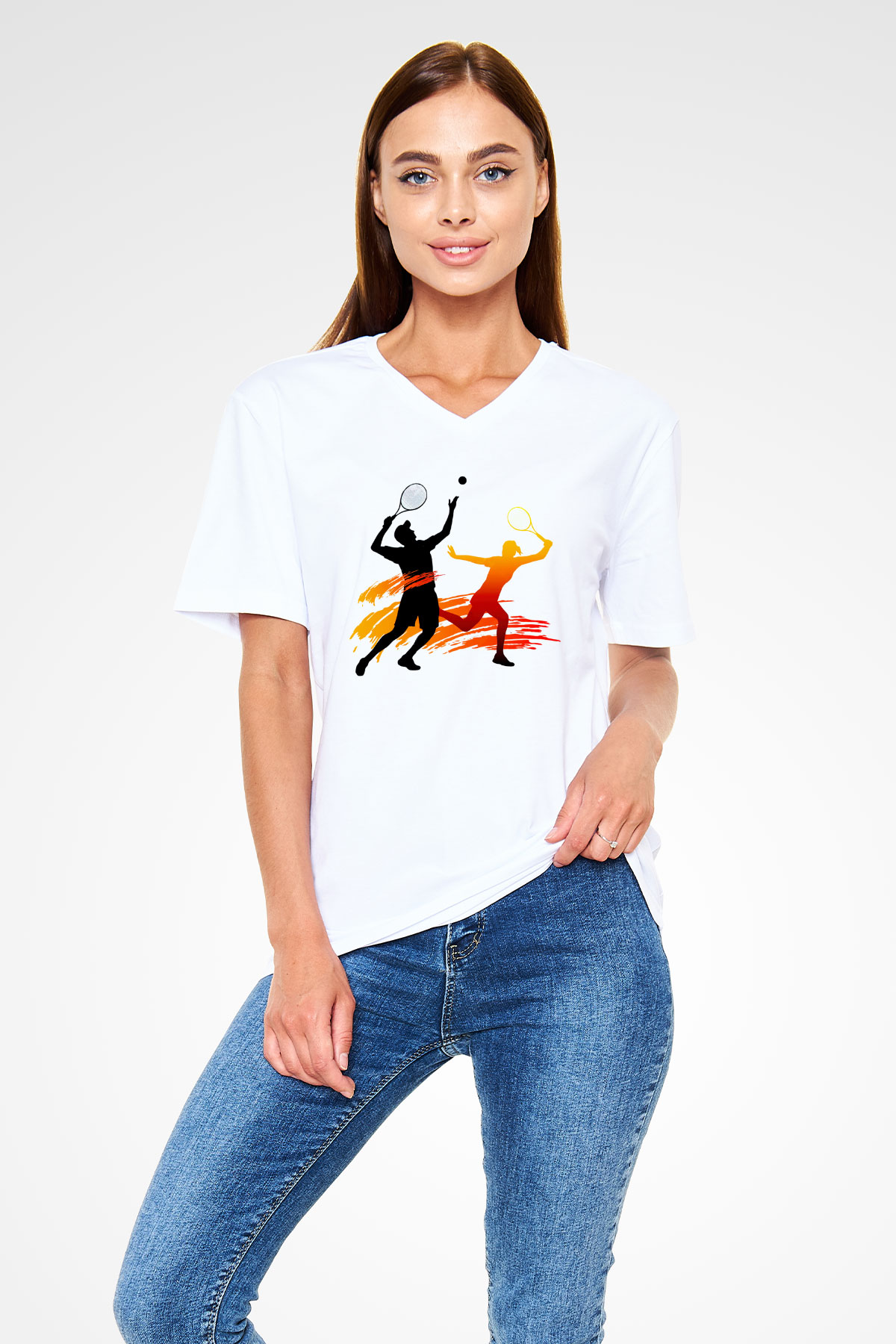 Tenis Beyaz Unisex V Yaka Tişört T-Shirt