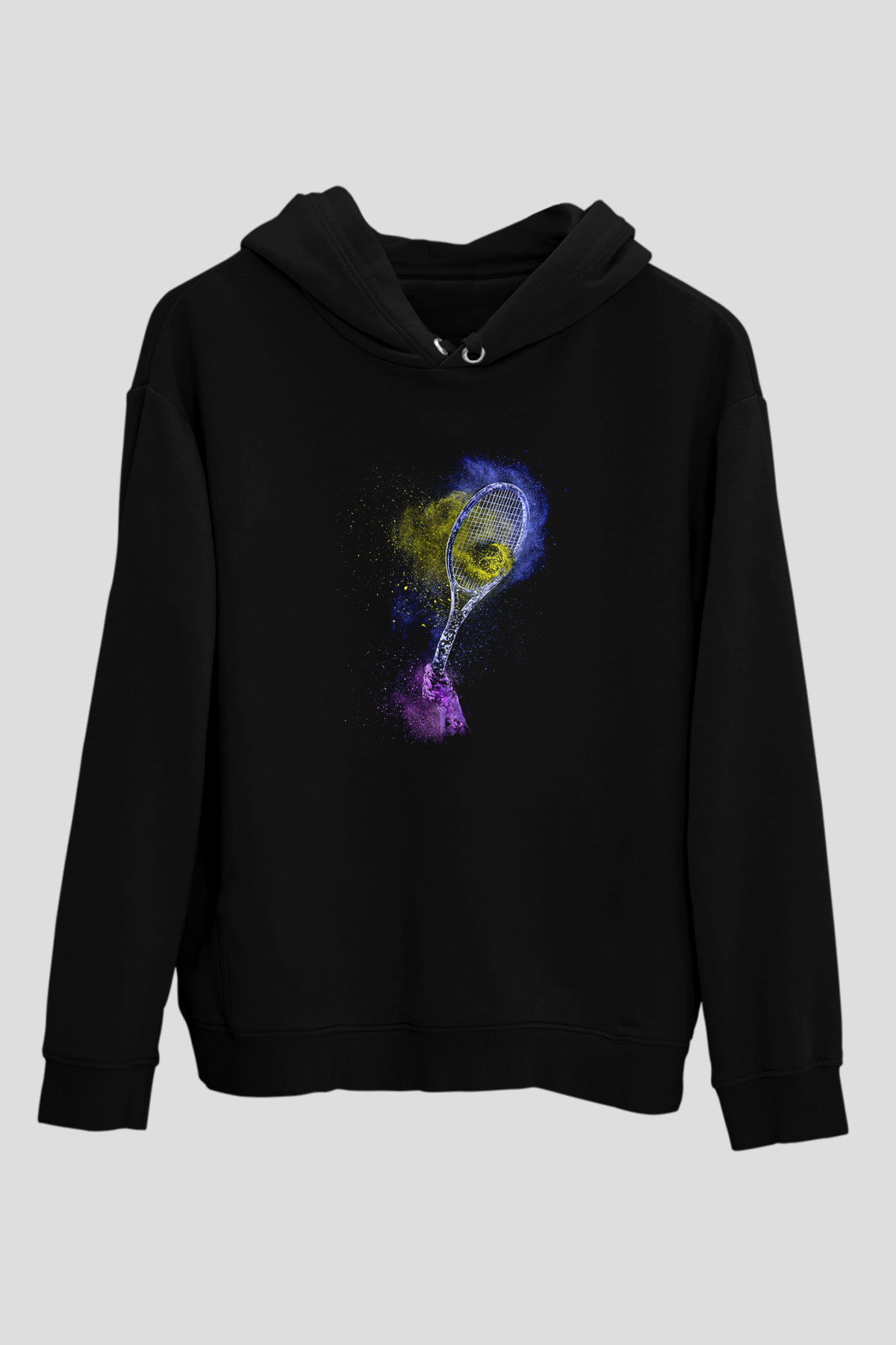 Tenis - Tennis Baskılı Unisex Siyah Kapüşonlu Sweatshirt