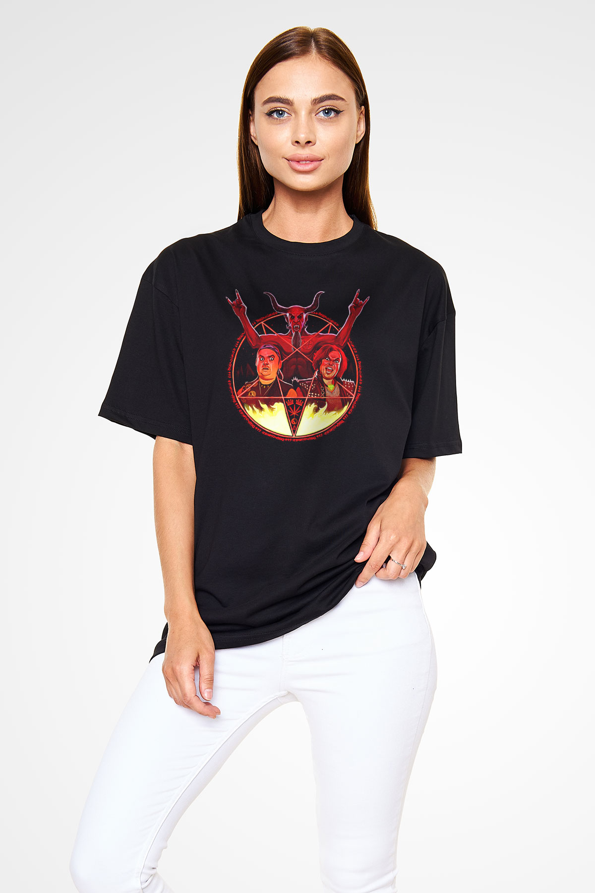 Teracious D Baskılı Unisex Siyah Oversize Tişört - Tshirt