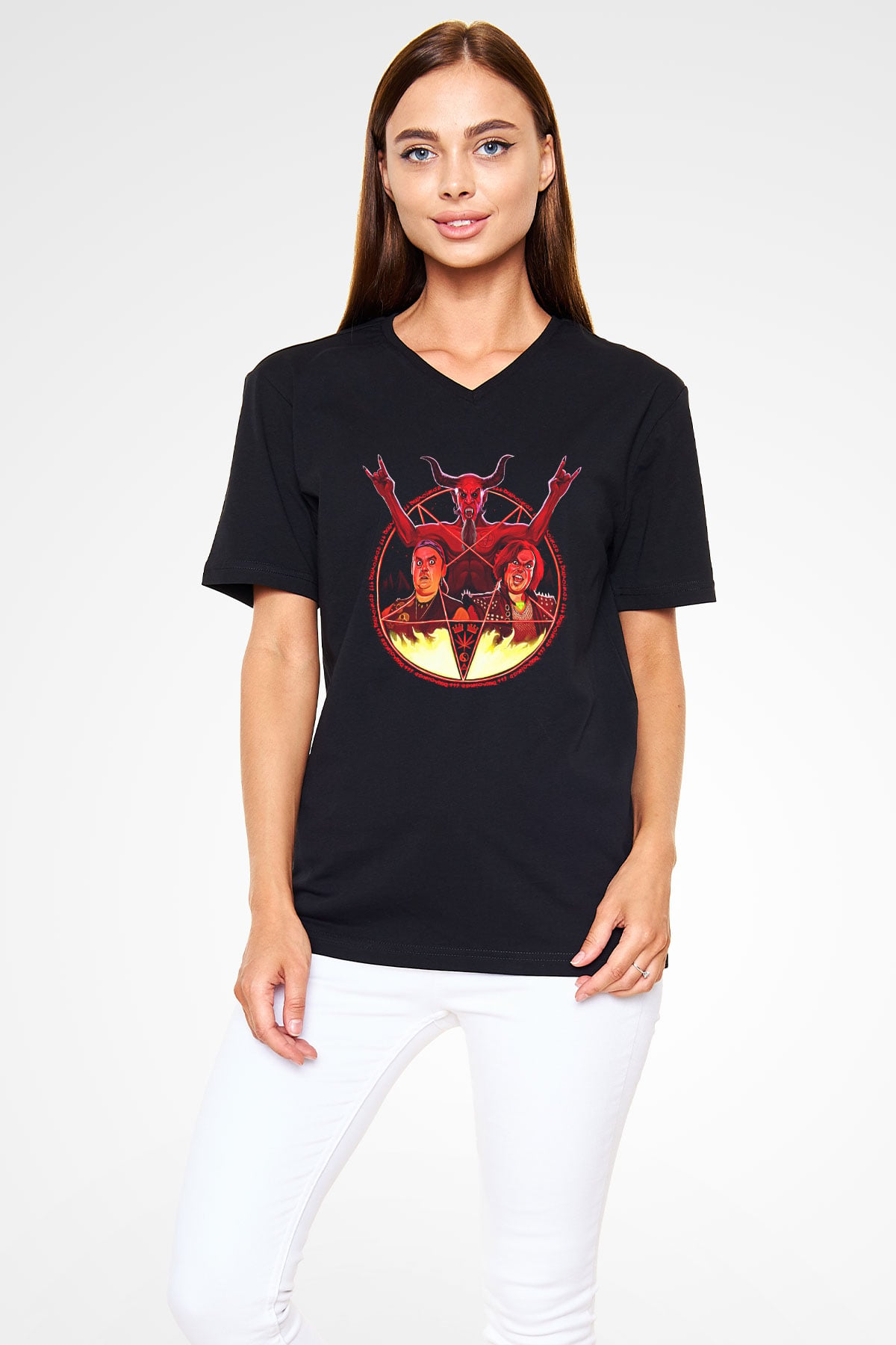 Teracious D Baskılı Unisex Siyah V Yaka Tişört - Tshirt
